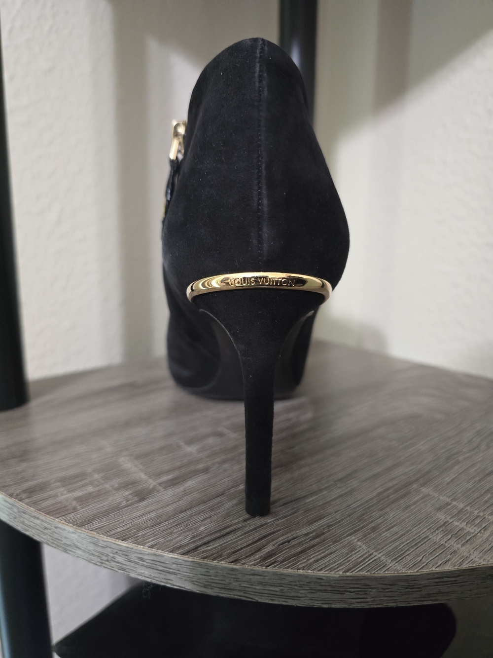 Black Suede Stiletto Heels with Gold Accent - Designer Style - Picture 4 of 7